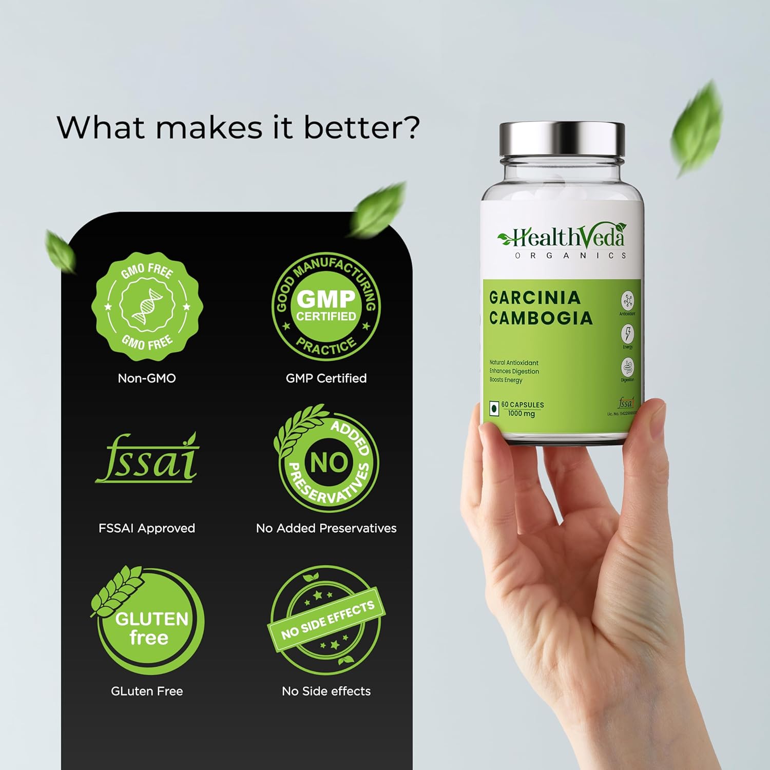 Zephivo Health Veda Organics Plant Based Garcinia Cambogia Supplement 1000 mg | 60 Veg Capsules | Improves Digestion | For Both Men & Women