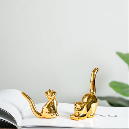 Street27 Home Decor Cat Statues, Modern Style Ceramic Golden Cat Figurine Statues for Home Decor Accents Living Room Office Table Bookshelf Desk Bedroom (2pcs Cute Cat)
