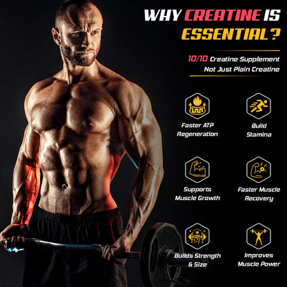 Muscular man lifting weights with text about creatine supplement benefits on a dark background