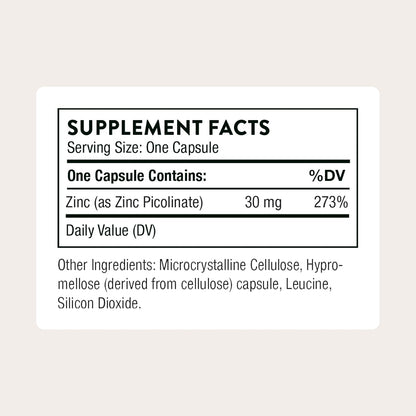 Supplement facts label for a zinc supplement capsule on a light beige background