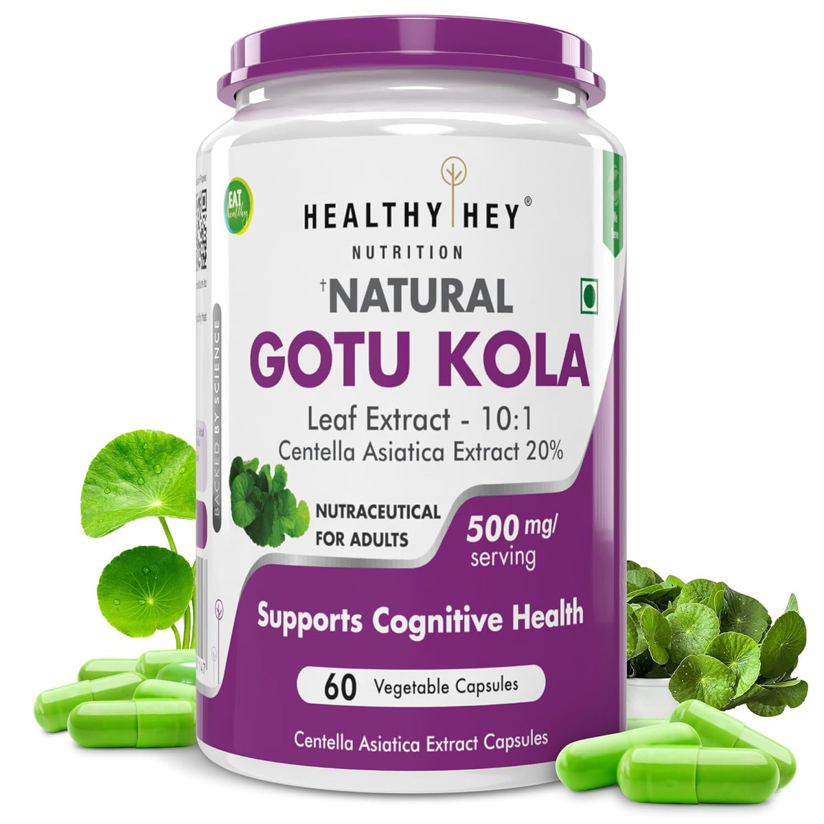 Container of Healthy Hey Nutrition Natural Gotu Kola supplement with capsules and leaves on a white background