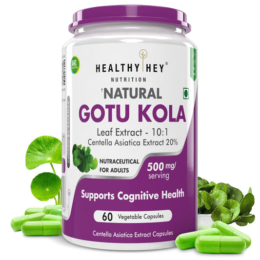 Container of Healthy Hey Nutrition Natural Gotu Kola supplement with capsules and leaves on a white background