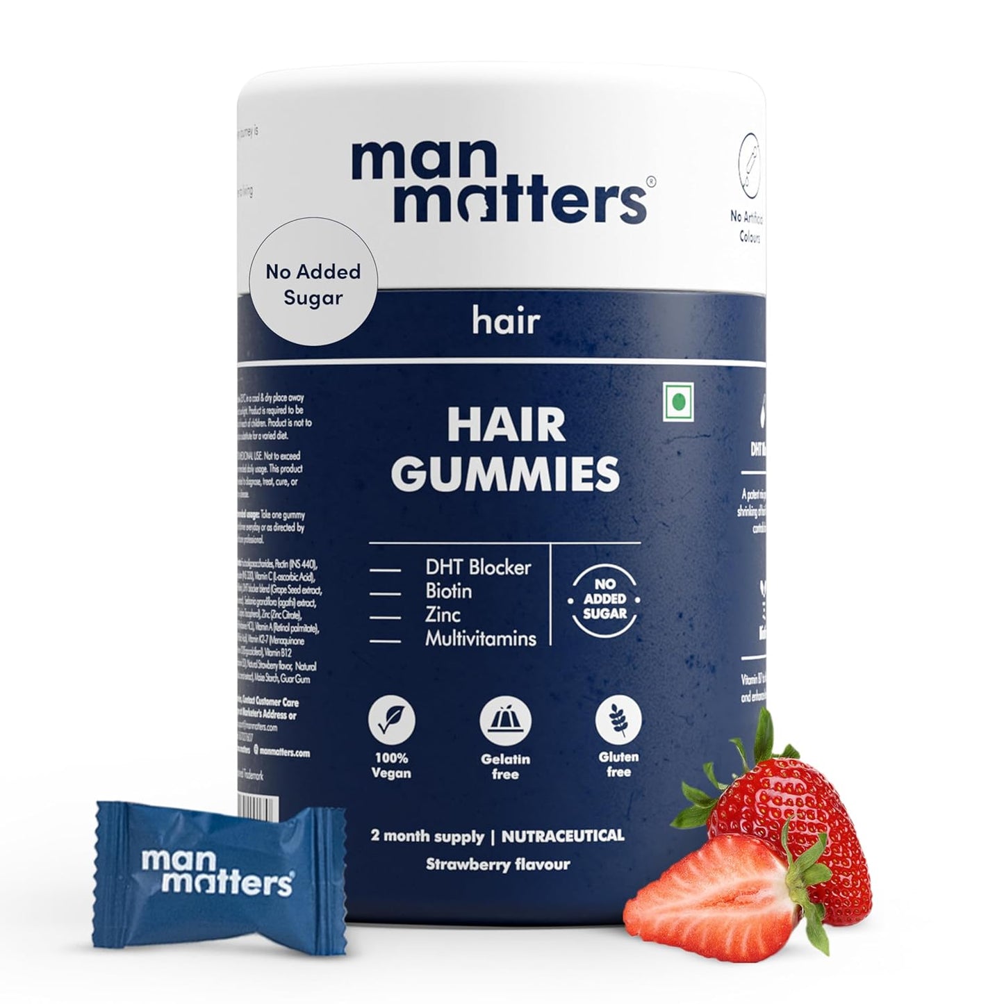 Man Matters Biotin Hair Gummies (60N) | No Added Sugar | With Biotin, DHT Blockers, Vitamin A, C, E, Fibre & Zinc | For Stronger and Healthier Hair | 100% Veg & Gut Friendly