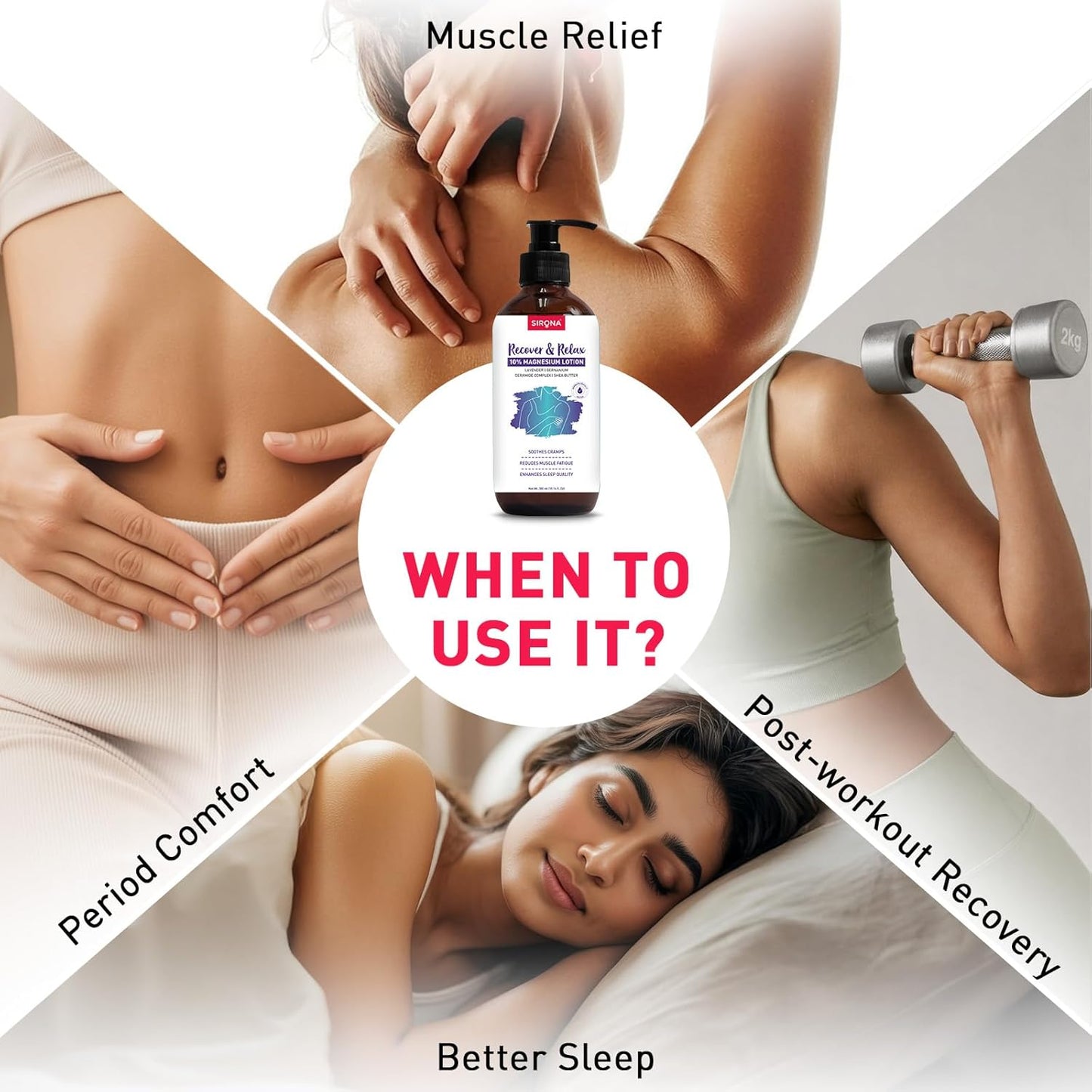 Product advertisement with a bottle labeled 'Bum & Balm' and text on usage scenarios like muscle relief, period comfort, post-workout recovery, and better sleep.