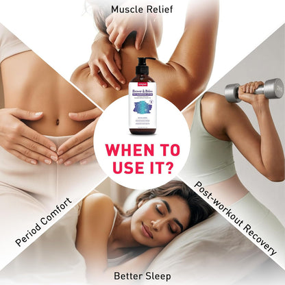 Product advertisement with a bottle labeled 'Bum & Balm' and text on usage scenarios like muscle relief, period comfort, post-workout recovery, and better sleep.