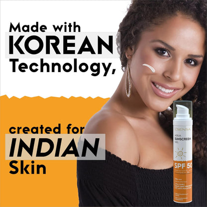 Advertisement for skincare product with a woman and sunscreen bottle, highlighting 'Korean Technology' and 'Indian Skin'.