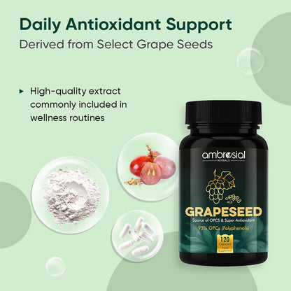 Grapeseed supplement bottle with ingredients and text on a green background