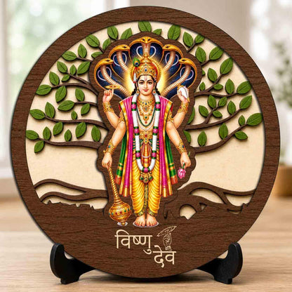 Plan To Gift Vishnu Ji Premium Wooden God Idol for Indoor Temple, Living Room Shelf, Work Desk & Puja Decor - 5x5 Inch
