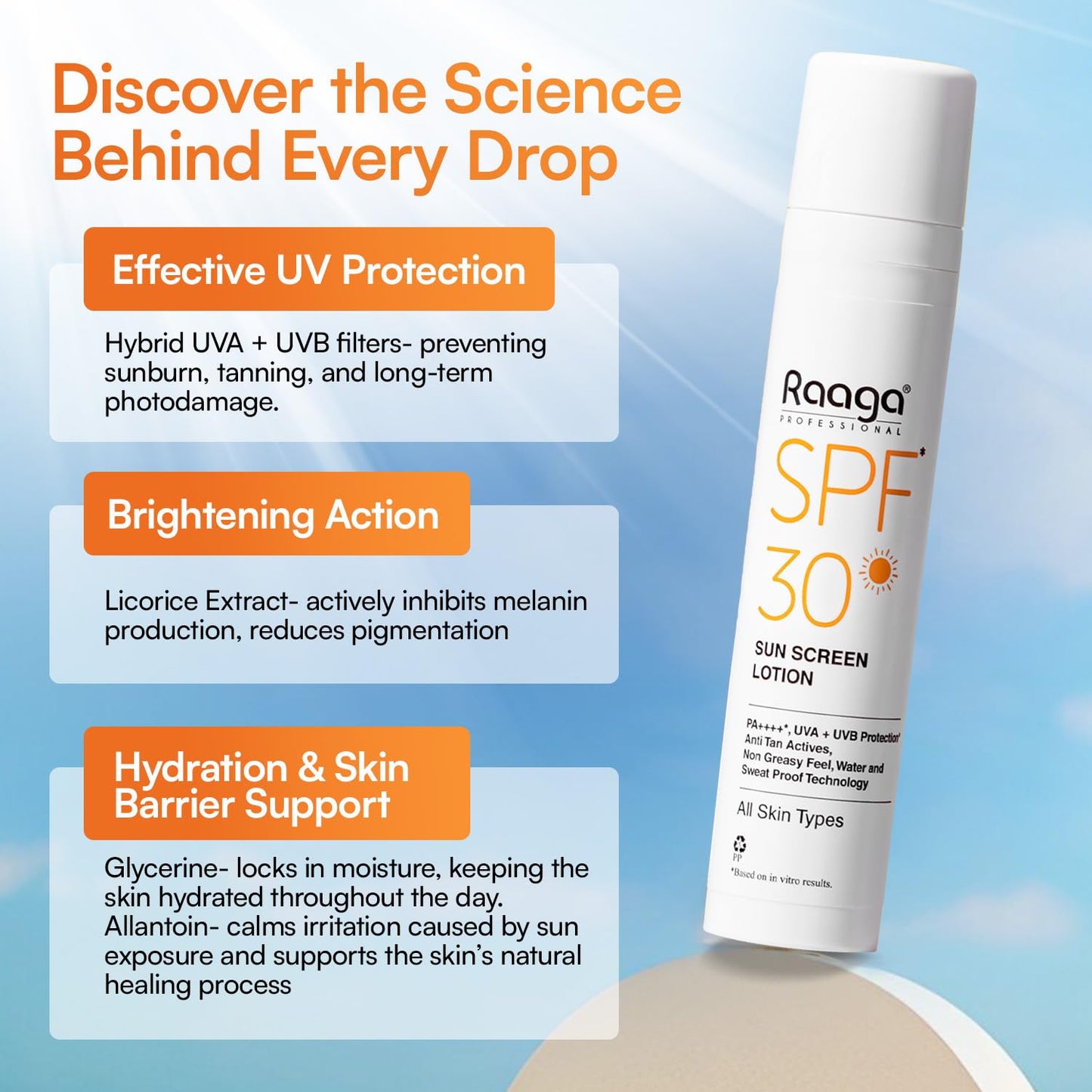 Raaga SPF 30 sunscreen lotion with product details on a blue background