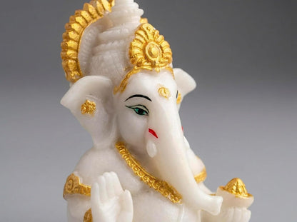 Polyresin and Marble Ganesh Ji Idol Murti for Pooja Room & Car Dashboard (White, Aashirwad Mudra)