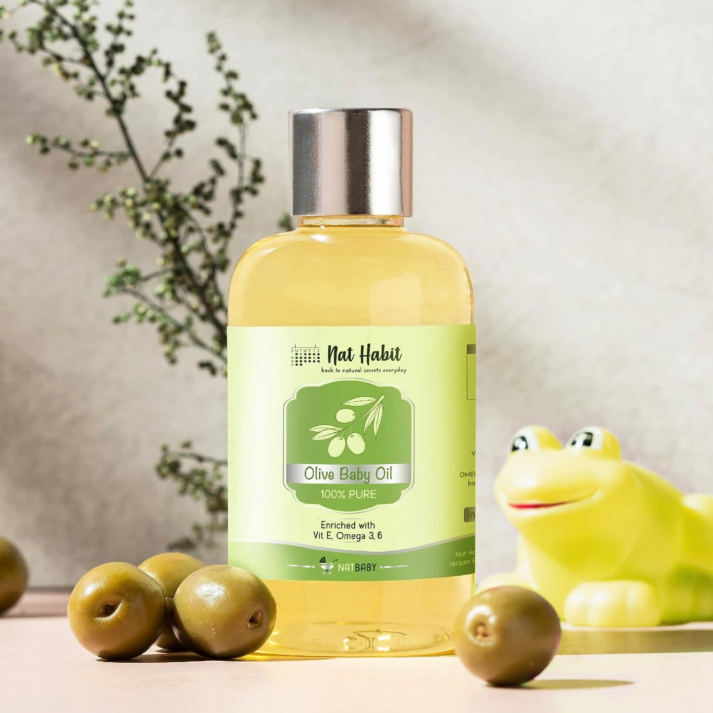 Nat Habit 100% Pure Olive Baby Oil For Baby Skin & Hair, Enriched With Vit E & Omega-3, 6 Non-Refined, LLP Free, Chemical & Preservative Free - 100 ml