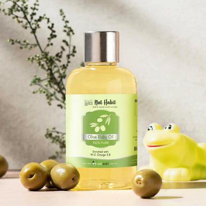 Nat Habit 100% Pure Olive Baby Oil For Baby Skin & Hair, Enriched With Vit E & Omega-3, 6 Non-Refined, LLP Free, Chemical & Preservative Free - 100 ml