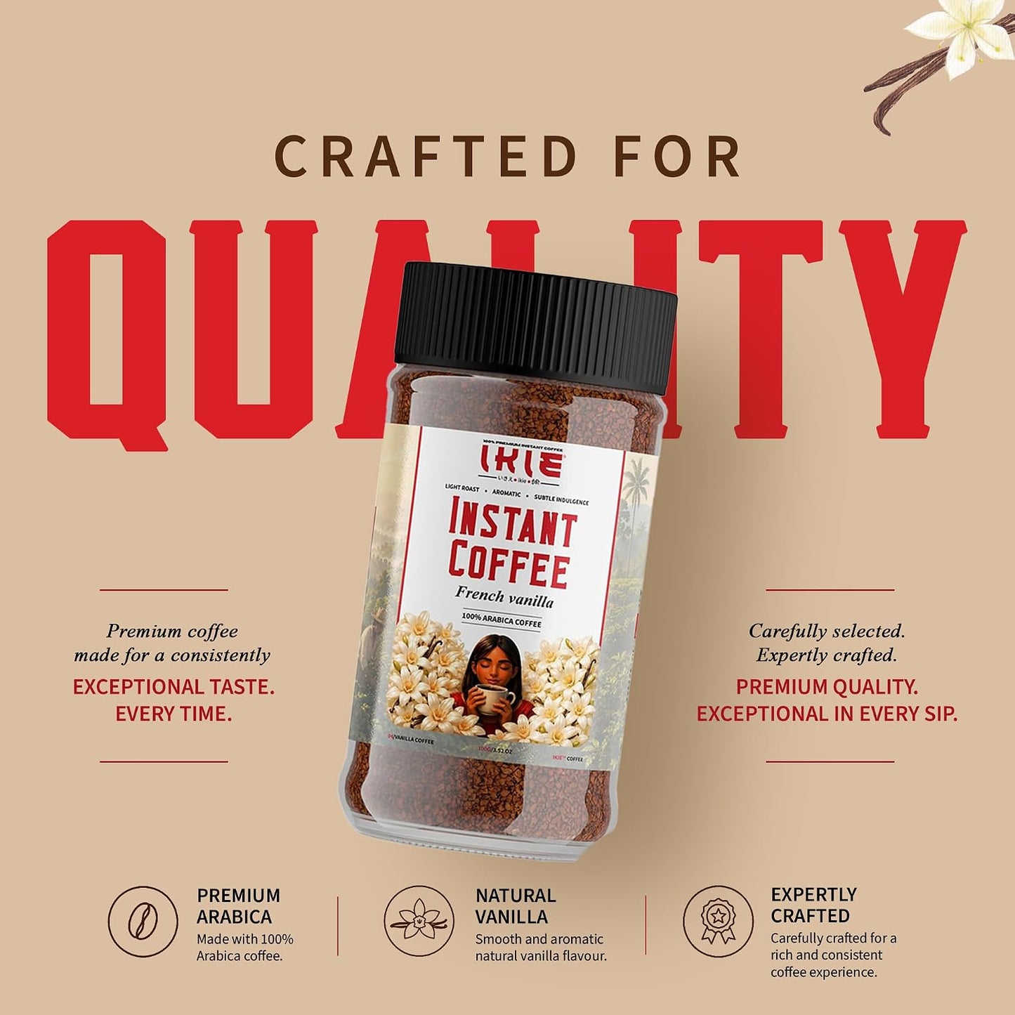 IKIE French Vanilla Instant Coffee Powder 100g | 100% Arabica | Rich Creamy Vanilla Flavour | No Chicory | 50 Cups | Cafe Style Coffee in seconds