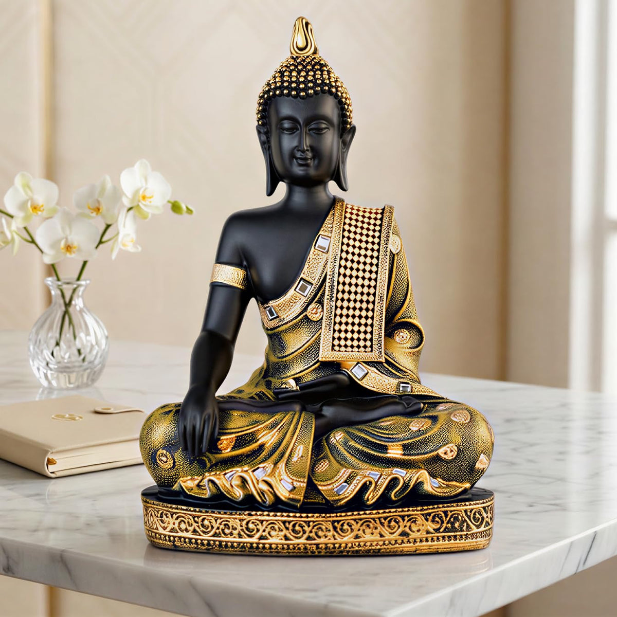 Buddha Idol Statue | Home Decoration Items for Living Room (Brown Black)