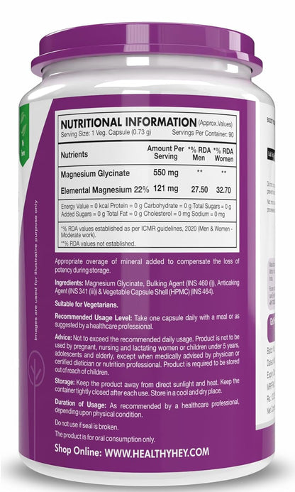 HealthyHey Nutrition Magnesium Glycinate High Absorption for Sleep, Cramps, & Nerves Health - 90 Vegetable Capsules
