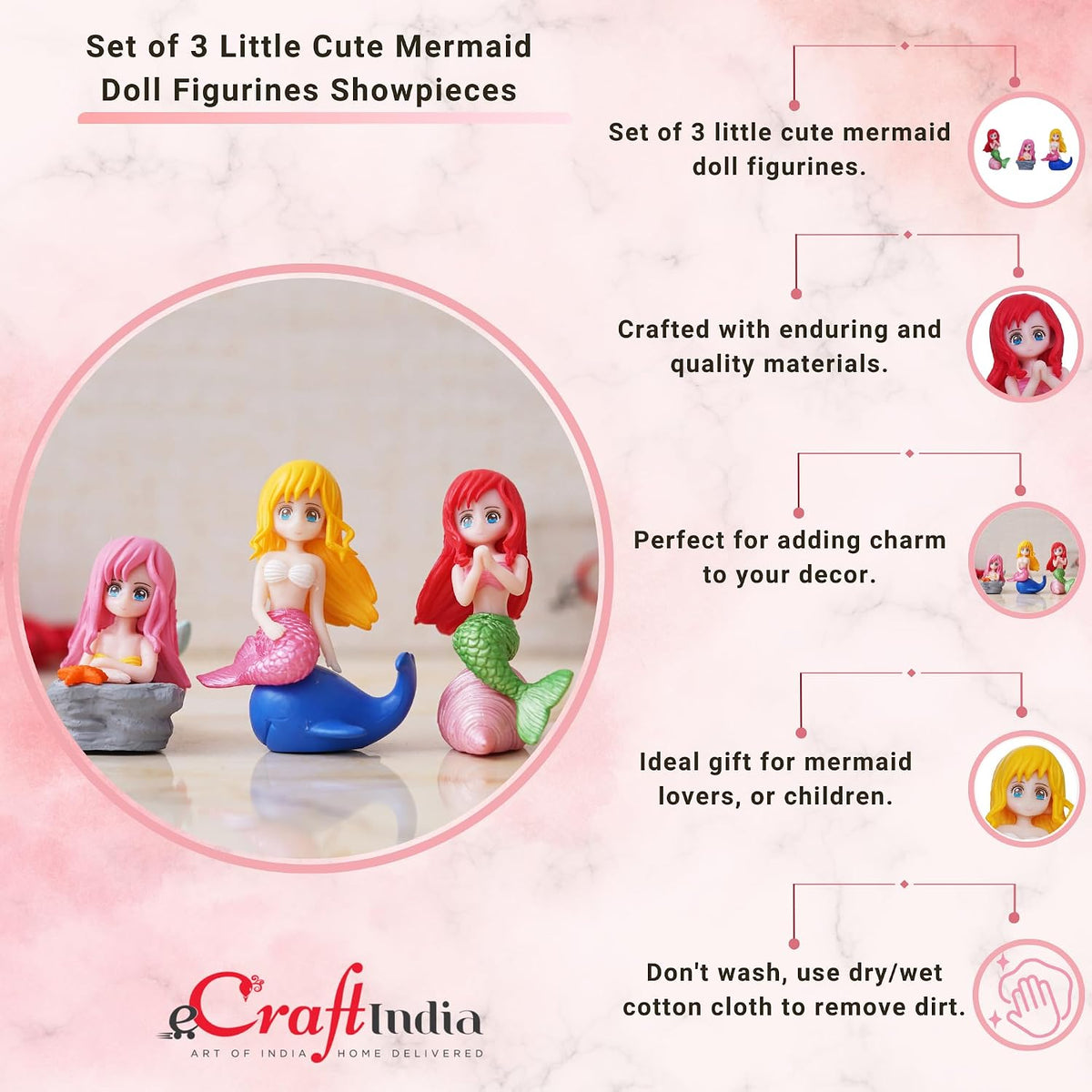 Set of 3 Little Cute Mermaid Doll Figurines Showpiece for Home Decor Miniature Toys Gifts for Girls Fish Tank Ornaments Valentine Gift for Girlfriend Wife Her Valentine Day Decoration Item