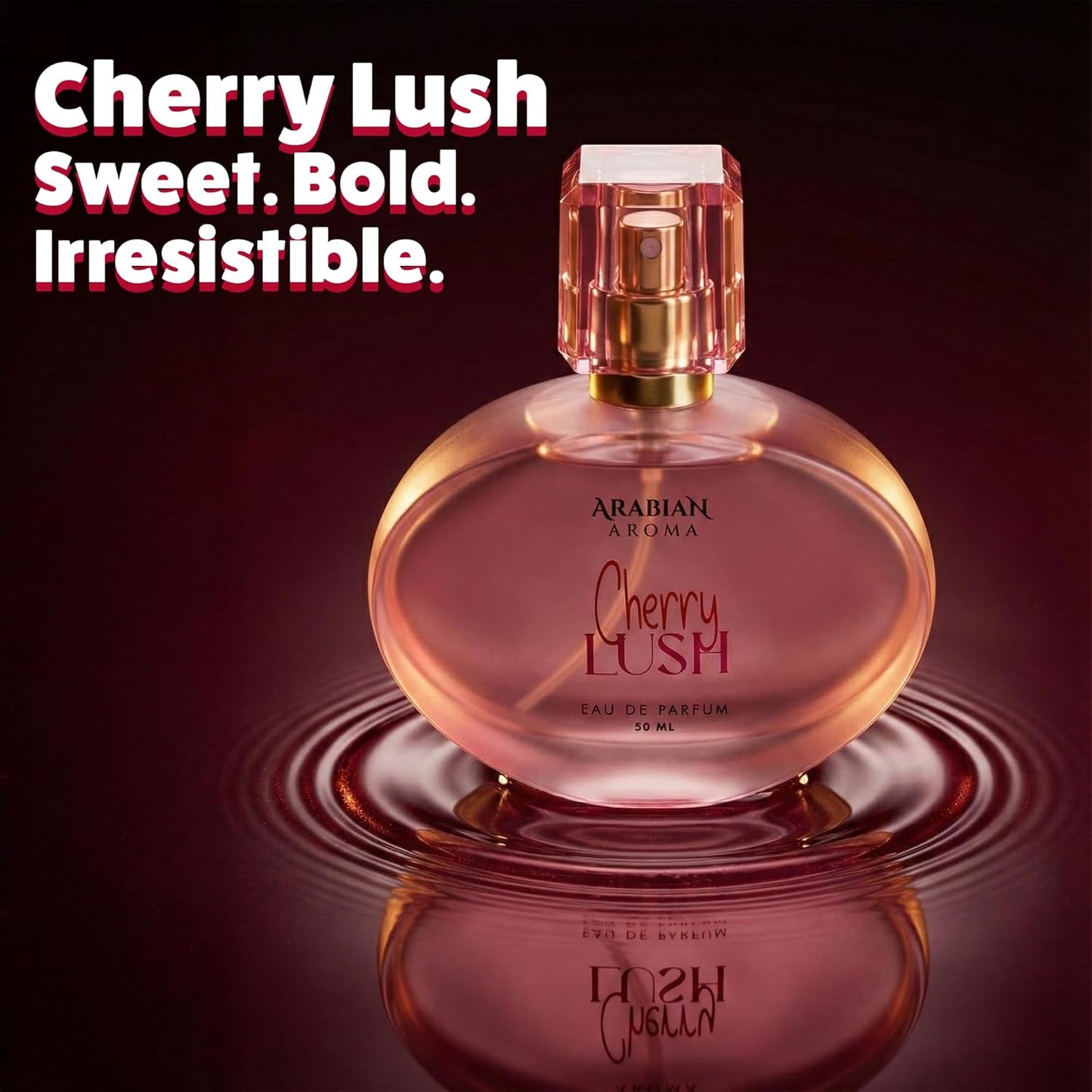 Perfume bottle labeled 'Cherry Lush' by Arabian Aroma on a dark background with text.