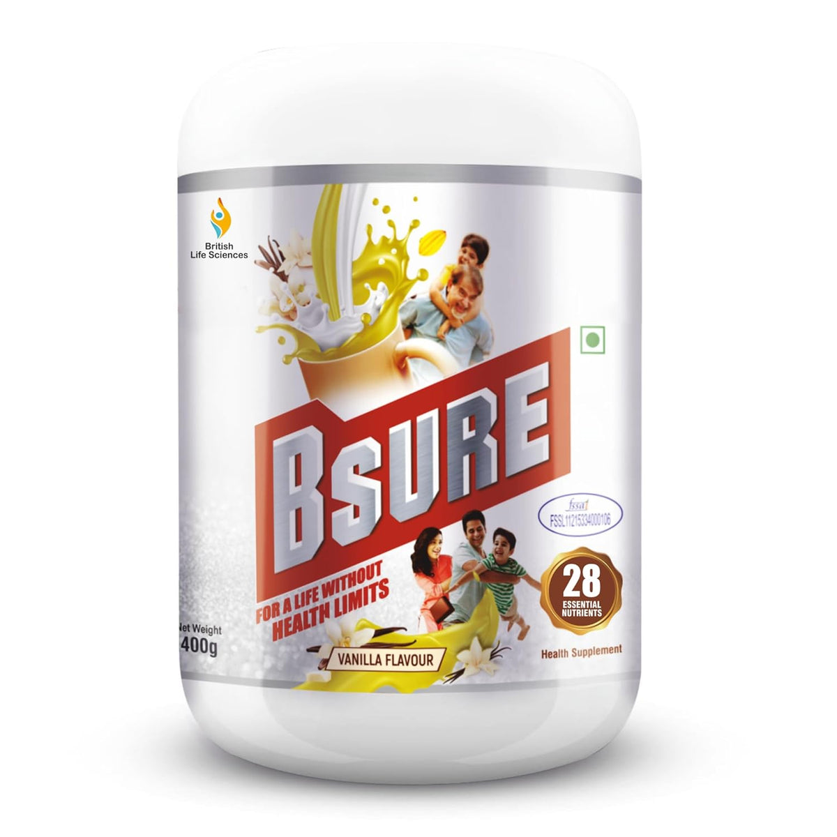 Bsure health supplement container with branding and product details on a white background
