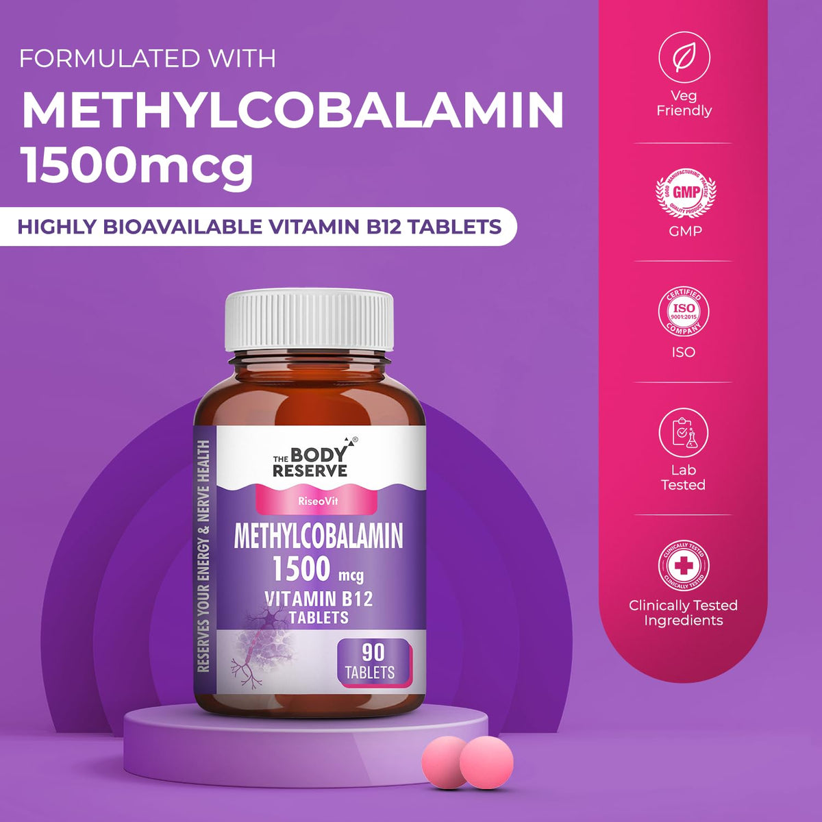 Bottle of Methylcobalamin 1500mcg Vitamin B12 tablets on a purple background with certification logos.
