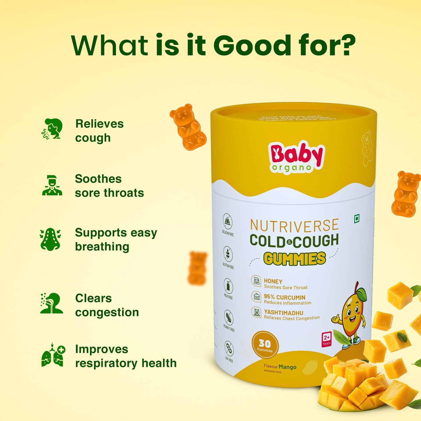 BabyOrgano Cough & Cold Relief Gummies for Kids 2+ Years | Yashtimadhu, 95% Curcumin, Ginger & Honey | Non-Drowsy Ayurvedic | Gelatin Free Gluten Free | Mango Flavour | 30 Gummies