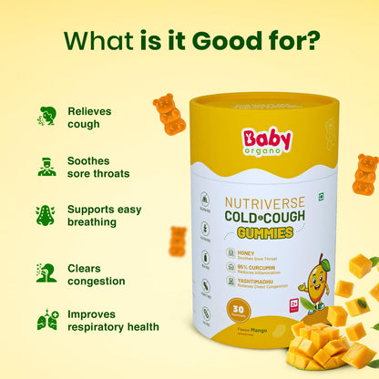 BabyOrgano Cough & Cold Relief Gummies for Kids 2+ Years | Yashtimadhu, 95% Curcumin, Ginger & Honey | Non-Drowsy Ayurvedic | Gelatin Free Gluten Free | Mango Flavour | 30 Gummies