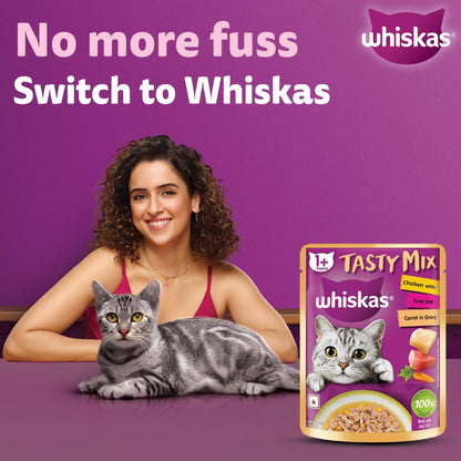 Whiskas Tasty Mix Adult (1+ Year) Wet Cat Food, Chicken with Tuna and Carrot in Gravy, 70 g, Cat Food Made with Real Fish, Complete & Balanced Nutrition for Adult Cats