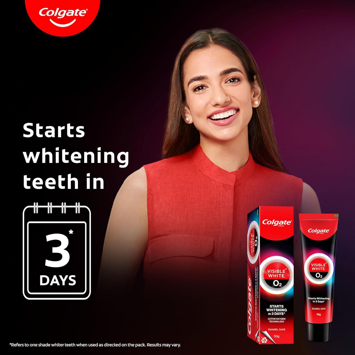 Colgate Visible White O2, Teeth Whitening Toothpaste (50g) for noticeably whiter teeth starting in 3 days with Active Technology, Enamel Safe Teeth Whitening & Fresh Breath