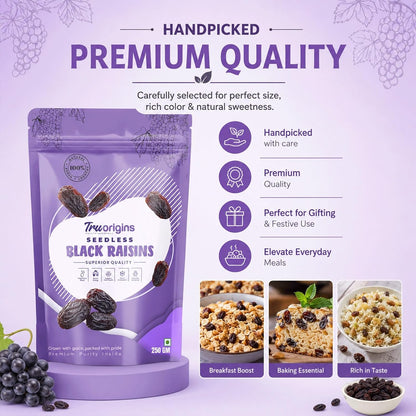TruOrigins Seedless Black Raisins (Kishmish/Munakka) | 100% Natural & Sun Dried | Soft, Juicy & Handpicked | Premium Quality Raisins | Ethically Sourced | No Preservatives