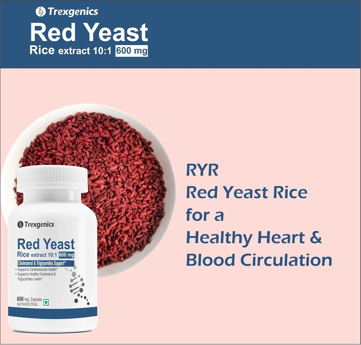 Trexegenics Red Yeast Rice supplement with red yeast rice powder on a pink background