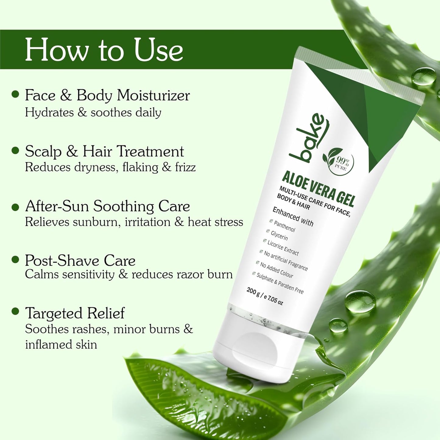 BAKE 99% Pure Aloe Vera Gel (200g) For Face, Body & Hair With Panthenol & Glycerin | Hydrates Skin, Reduces Dryness & Non Sticky | Enriched Proven Actives | For Men & Women - 200g