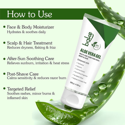 BAKE 99% Pure Aloe Vera Gel (200g) For Face, Body & Hair With Panthenol & Glycerin | Hydrates Skin, Reduces Dryness & Non Sticky | Enriched Proven Actives | For Men & Women - 200g