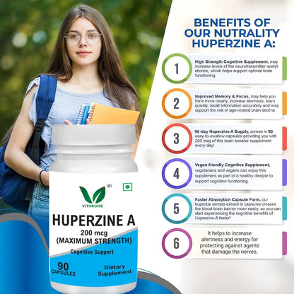 VITARUHE® Huperzine A 200mcg Per Serving, 90 Capsules, (Huperzine A Supplement), Supports Focus, Cognition, Memory and Learning Ability, Premium Brain Health Supplement, No GMOs