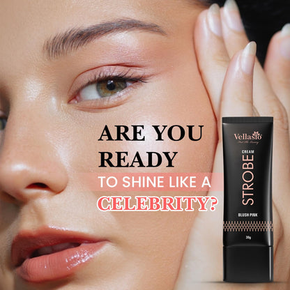 Woman's face with a Vellacote Strobe Cream tube, text asking if ready to shine like a celebrity.