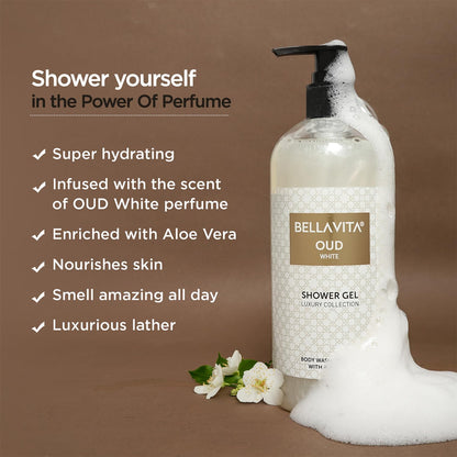 Bella Vita Luxury OUD WHITE Body Wash Shower Gel for Women & Men | 500ml | Unisex Bodywash with Aloe Vera Extract | Deep Cleansing, Hydrating, Moisturising | Suitable for All Skin Types