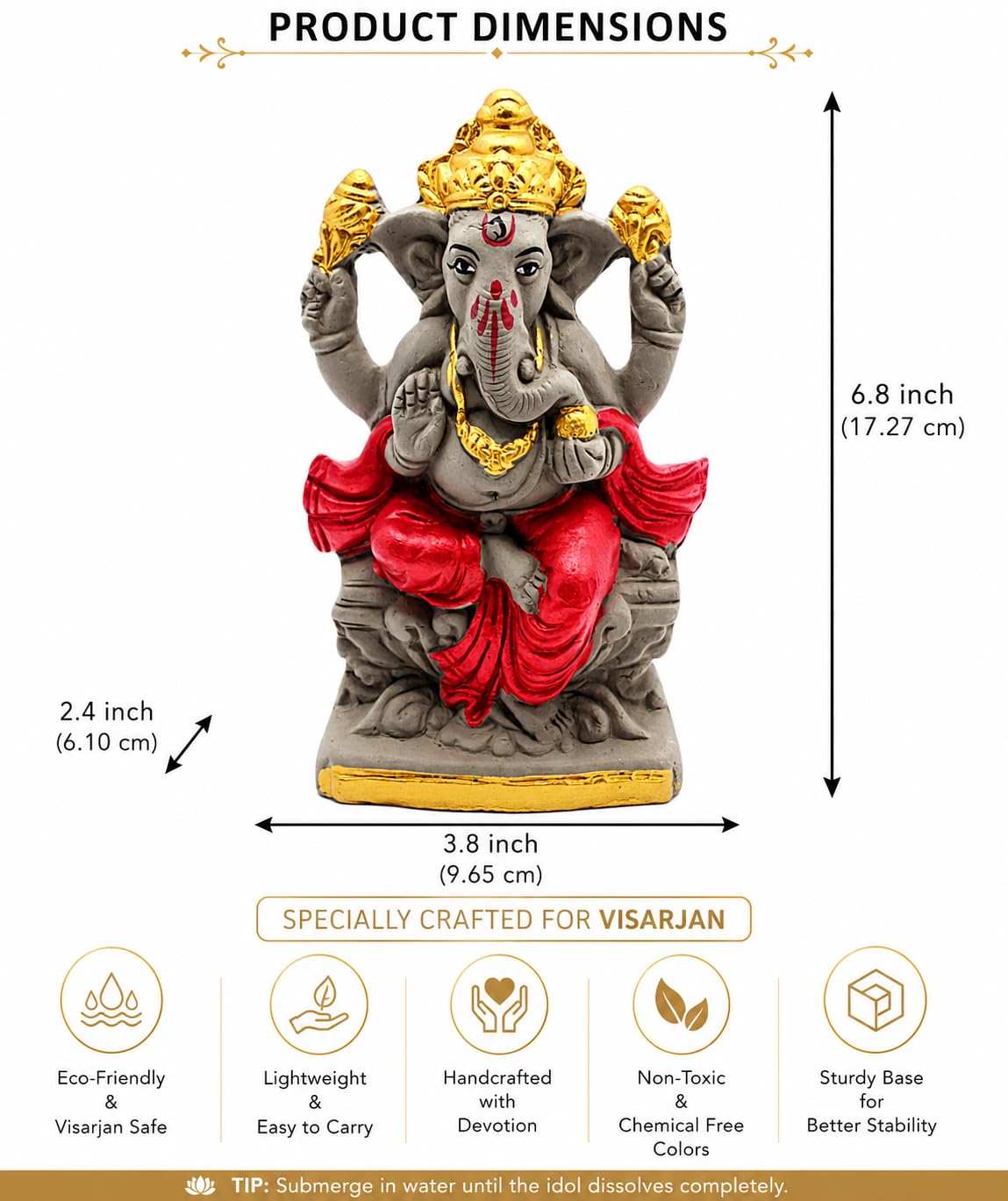 Bossify 100% Clay Eco-Friendly Ganesh Murti Idol for Visarjan 7 Inches | Shadu Mati Ganesh Murti | Ganpati Idol for Home | Ganpati for Ganesh Chaturthi | Home Decor