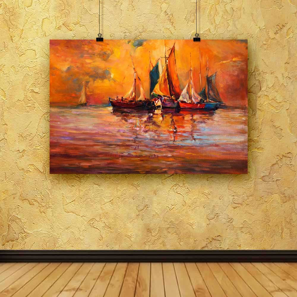 Boats & Sea D4 | Canvas Painting for Bedroom & Living Room | Engineered Wood Frame | 20.6 x 14 inch (52 x 36 cms)
