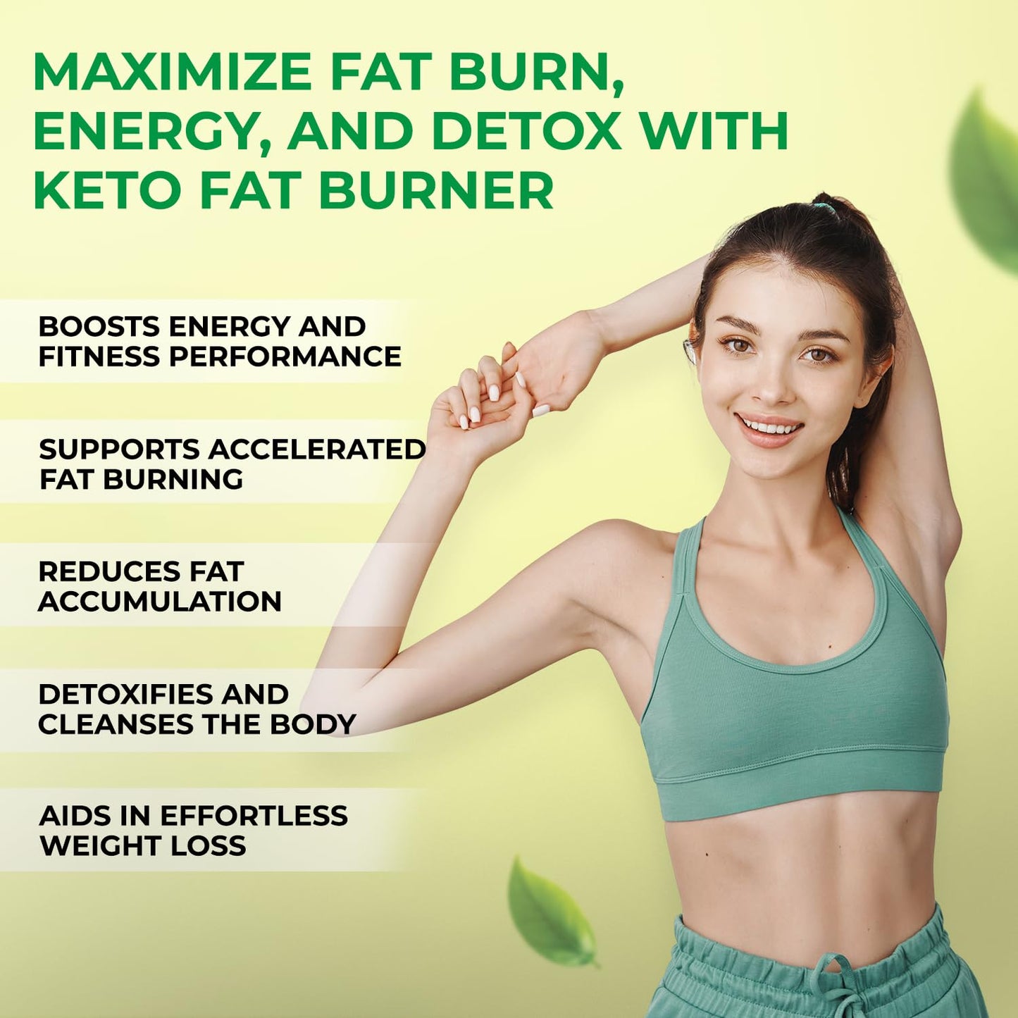 Woman in athletic wear with text about keto fat burner benefits on a green background