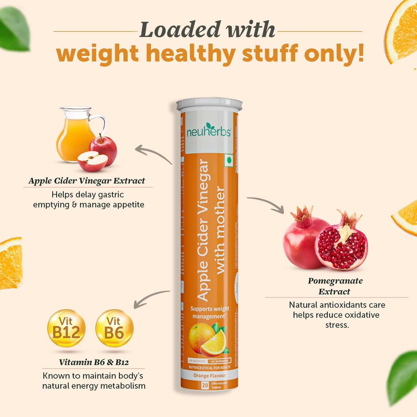Neuherbs Plant Based Apple Cider Vinegar With Mother 20 Effervescent Tablets (Orange Flavour) For Weight Management | Rich in Antioxidants with Vitamin B6 & B12 | Zero Added Sugar | Gluten Free