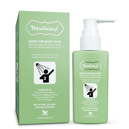 Teenilicious Body Acne Wash with 1% ww Salicylic Acid & Tea Tree Oil | Reduces Acne Breakouts, Acne Scars | Chemical & Paraben Free | for All Skin Types for Women & Men - 100ml