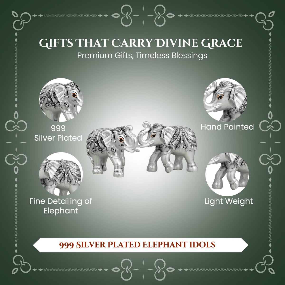 999 Pure Silver Plated Elephant Pair Showpiece with Gift Box | Silver Idol Set Home Decor Office Desk | Good Luck Feng Shui Vastu Animal Pair Religious Housewarming Griha Pravesh Gift