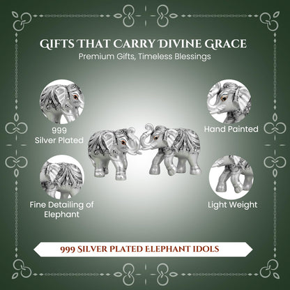 999 Pure Silver Plated Elephant Pair Showpiece with Gift Box | Silver Idol Set Home Decor Office Desk | Good Luck Feng Shui Vastu Animal Pair Religious Housewarming Griha Pravesh Gift