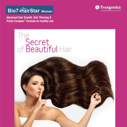 Advertisement for Bio7-HairStar Women hair product with a woman and text on a pink background