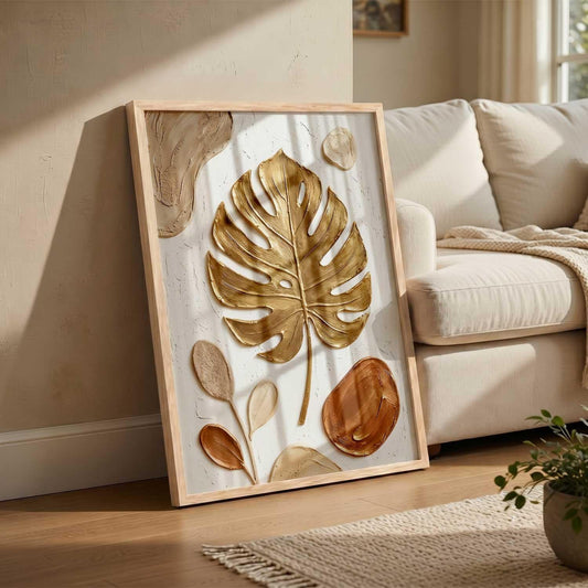 Golden Leaf Wall Art Home Decoration | Aesthetic Floral Paintings With Frame For Living Room Bed Room Hotel Wall Decor Digital Reprint (19x25 inch)