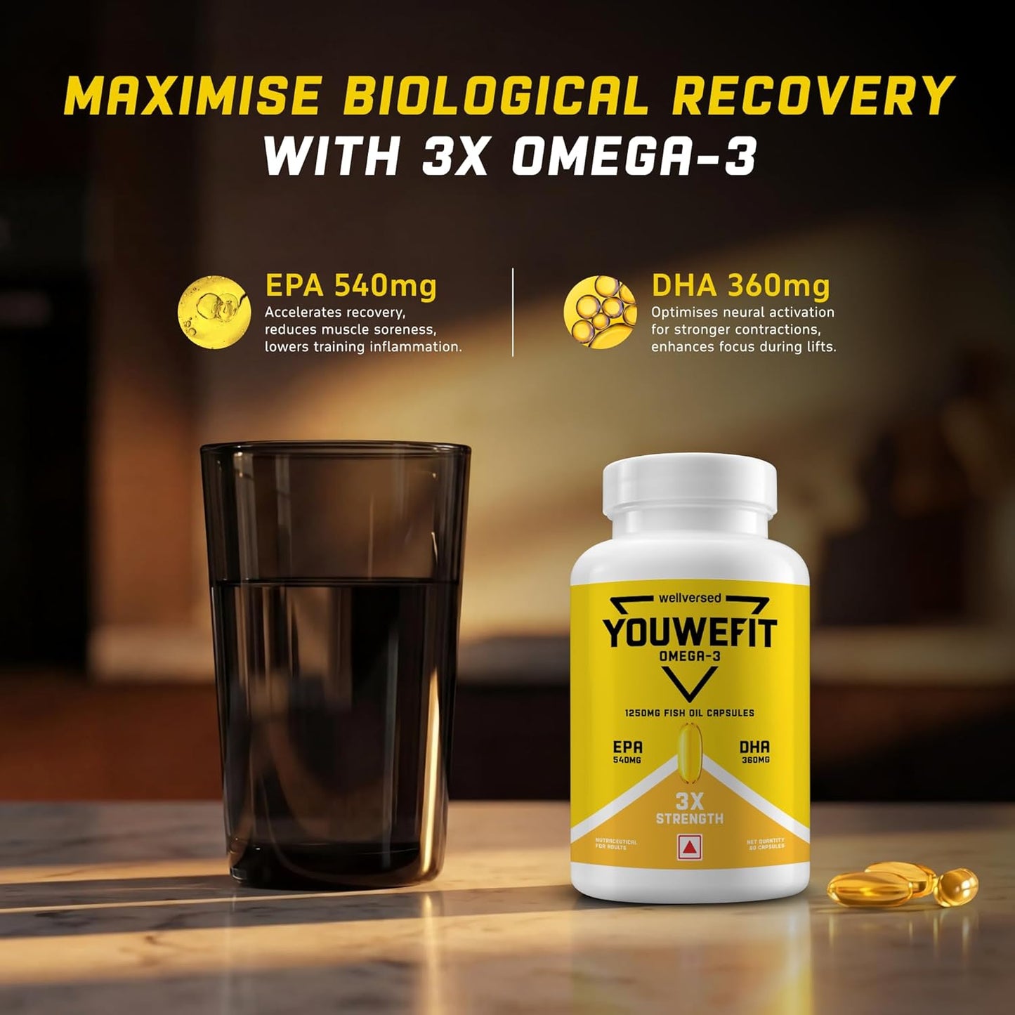 YouWeFit Triple Strength Omega 3 Fish Oil Capsules - Soft Gels With 540mg EPA & 360mg DHA To Support Heart & Joint Health | Omega 3 Supplement 1250mg