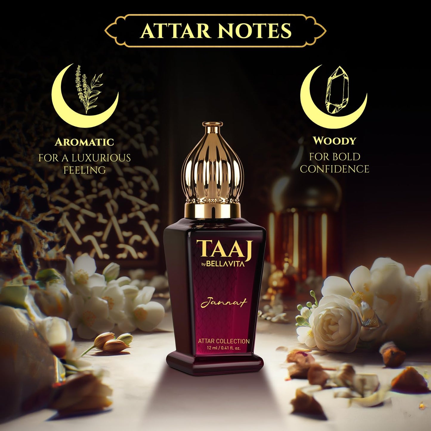TAAJ Attar bottle with floral and decorative elements on a dark background
