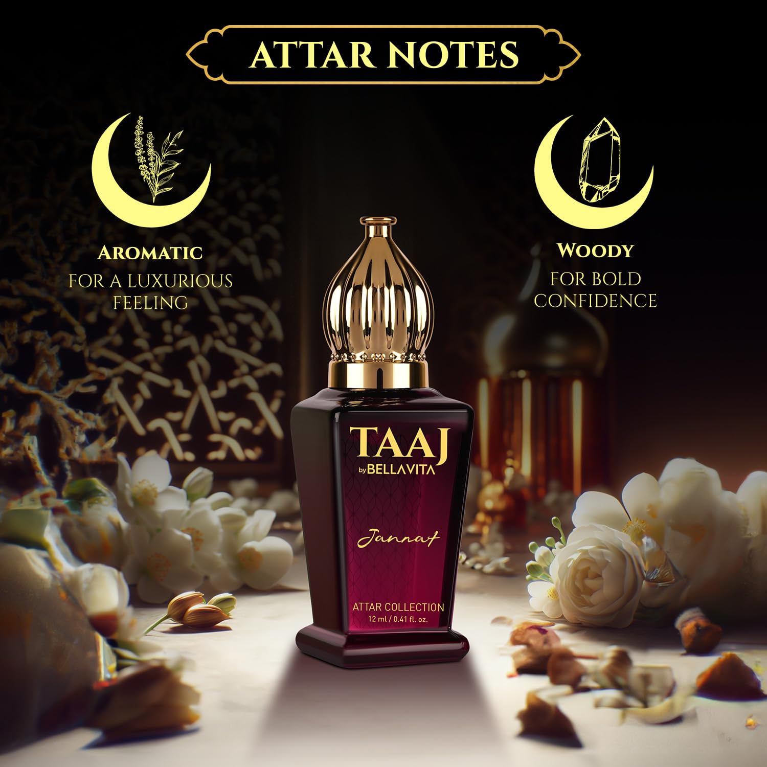 TAAJ Attar bottle with floral and decorative elements on a dark background
