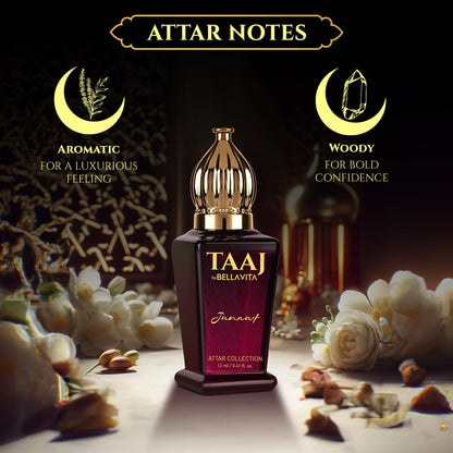TAAJ Attar bottle with floral and decorative elements on a dark background