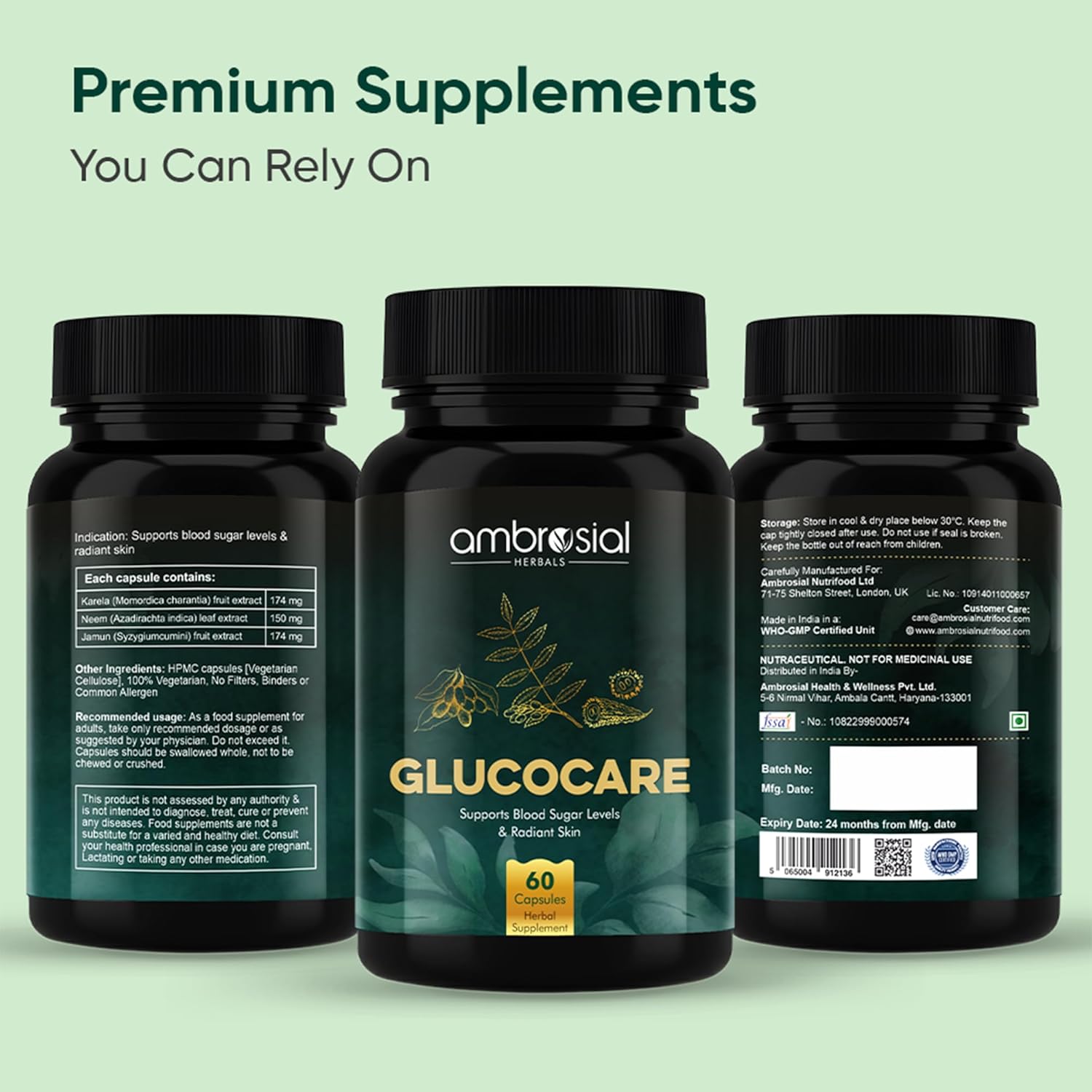 Three bottles of ambrosial Glucocare supplements on a light green background