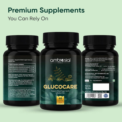 Three bottles of ambrosial Glucocare supplements on a light green background