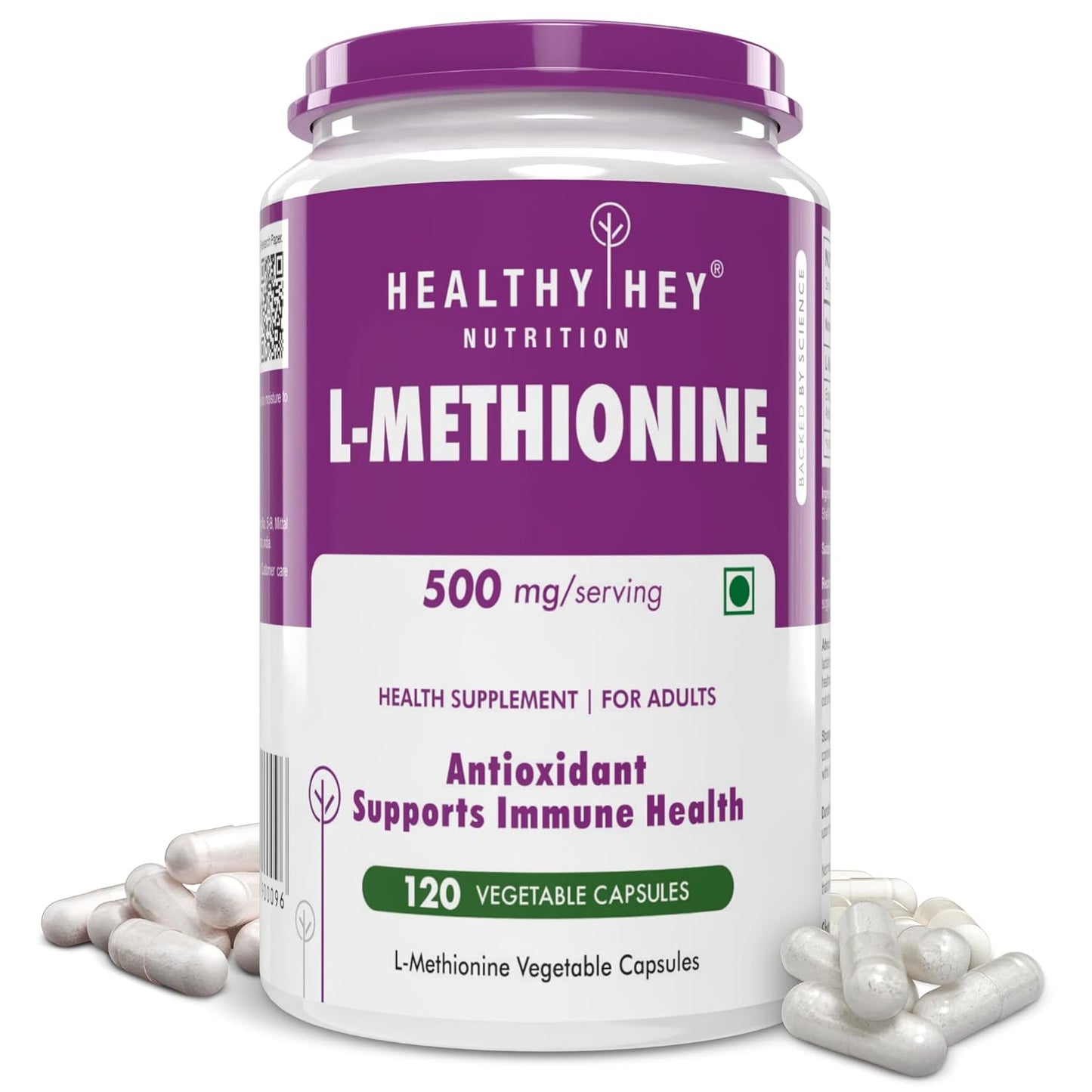 L-Methionine supplement container with purple and white label on a white background